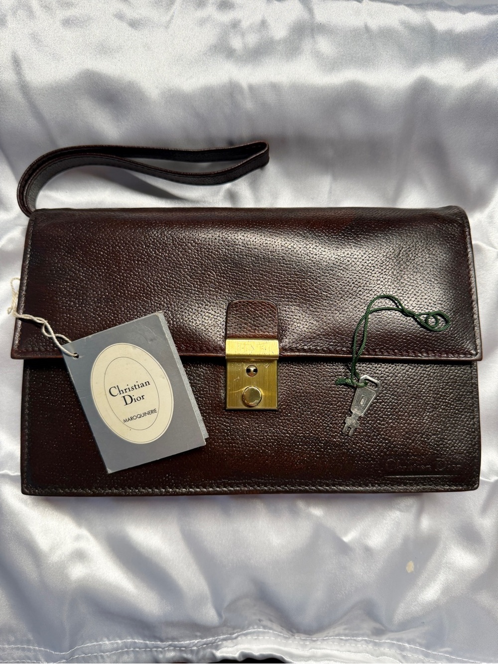 Christian Dior Rare 1970s Brown Leather Clutch Second Bag Pochette Amiet Lock